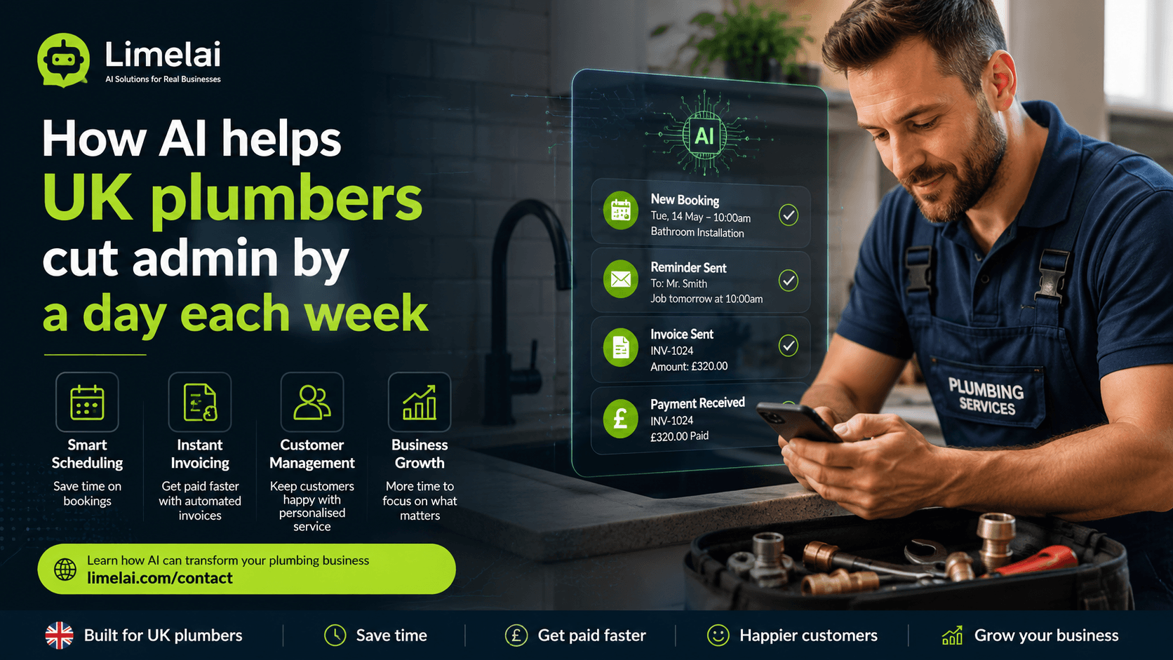 A plumber using a digital tablet to manage bookings